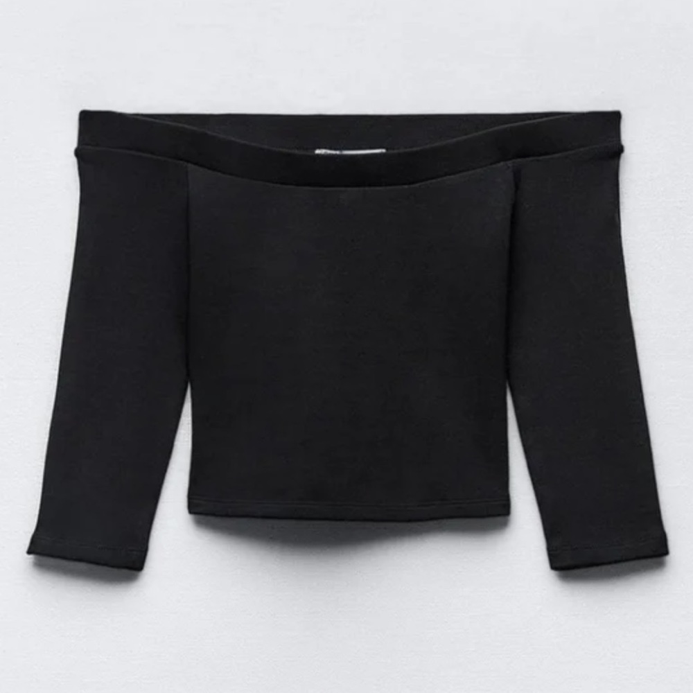 Zara Women Size M Black Elbow Sleeves Off The Shoulder Crop Top NWT